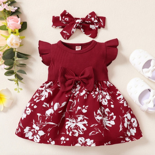Girl's Floral Butterfly Sleeve with Dress Headband Set