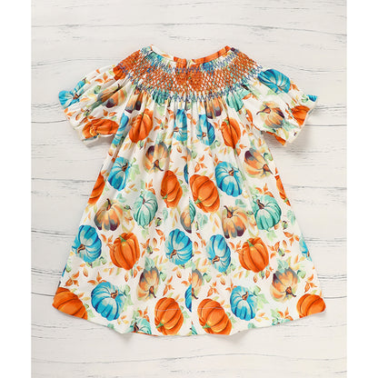 Toddler Baby Girl Pumpkin Smocked Dress Fall Thanksgiving Halloween Embroidered Princess Party Dresses Kids Fall Outfits Clothes