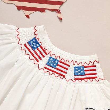 Baby Girl Bubble Romper White with American Flag Embroidery