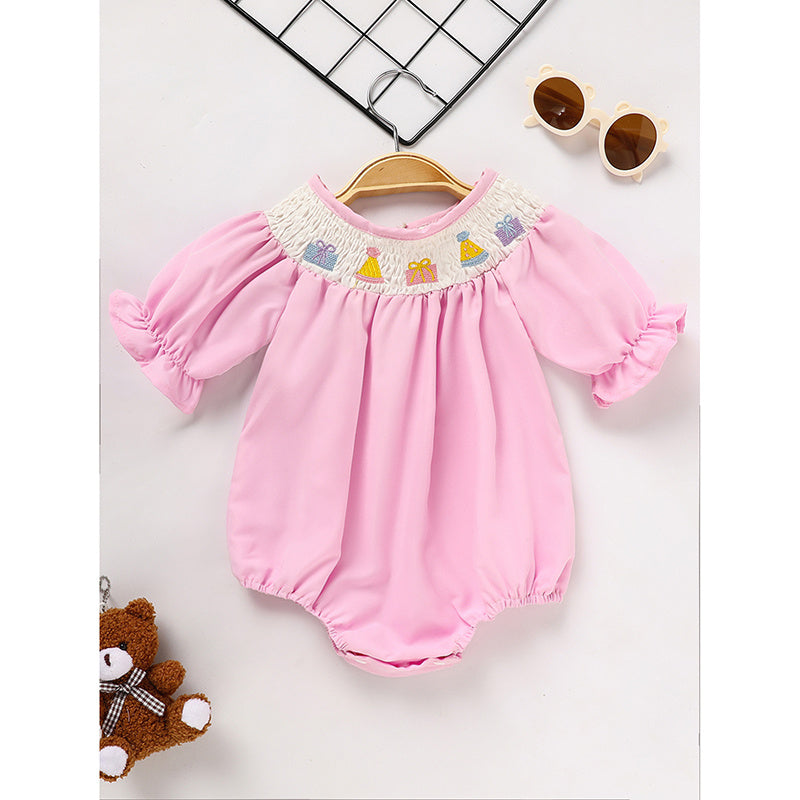 Birthday Girl Smocked Romper in Pink with Pleats and Stitches