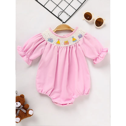 Birthday Girl Smocked Romper in Pink with Pleats and Stitches