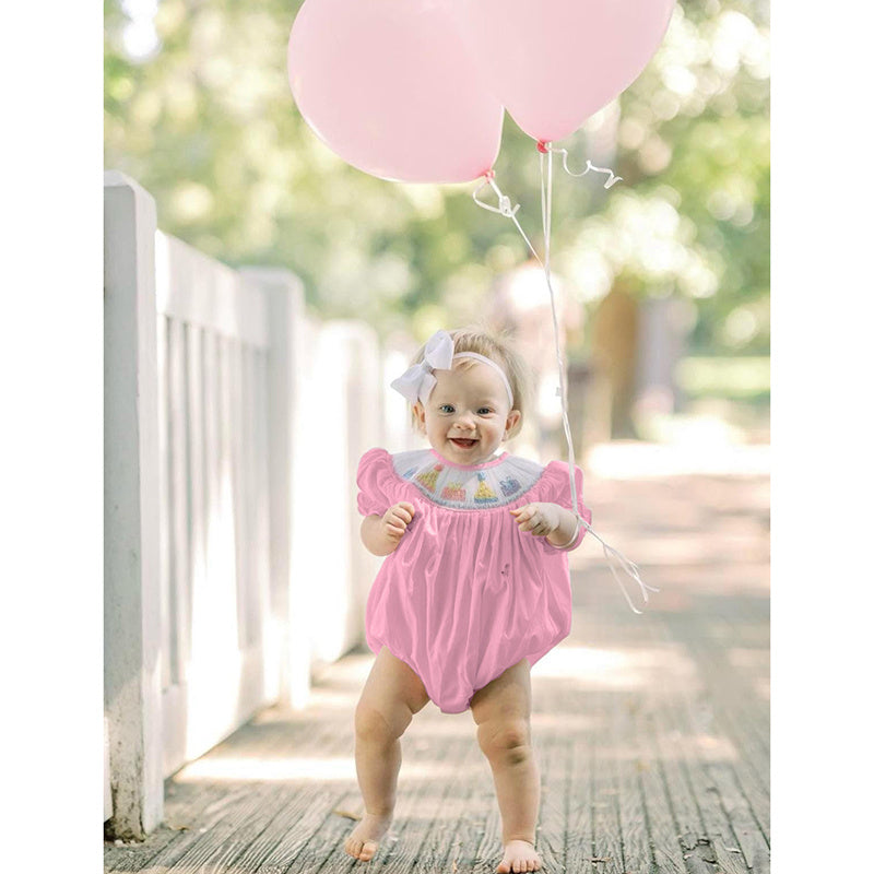 Birthday Girl Smocked Romper in Pink with Pleats and Stitches
