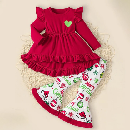 Toddler Ruffle Christmas Dress with Flared Pants and Headband Set