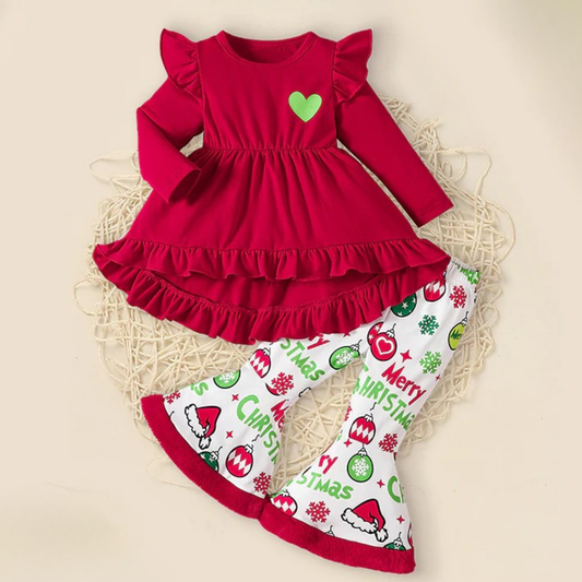 Toddler Ruffle Christmas Dress with Flared Pants and Headband Set