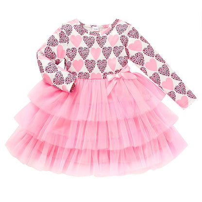 Toddler Girls Long Sleeve Mesh Tulle Dress with Heart Printed