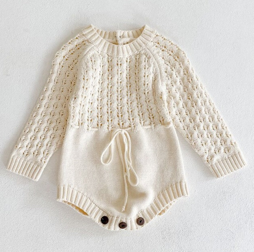 Infant Knit Romper – Girl Baby Knitted Long Sleeve Hollow Waist Dress
