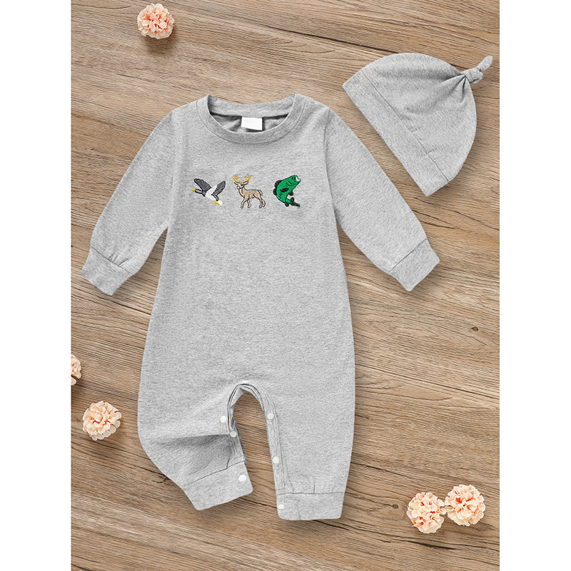 Newborn Baby Boy Long Sleeve Animal Print Romper and Hat with Hat