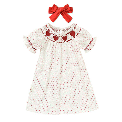 Baby Girl Smocked Princess Dress Red Polka with Heart Embroidery and Headband