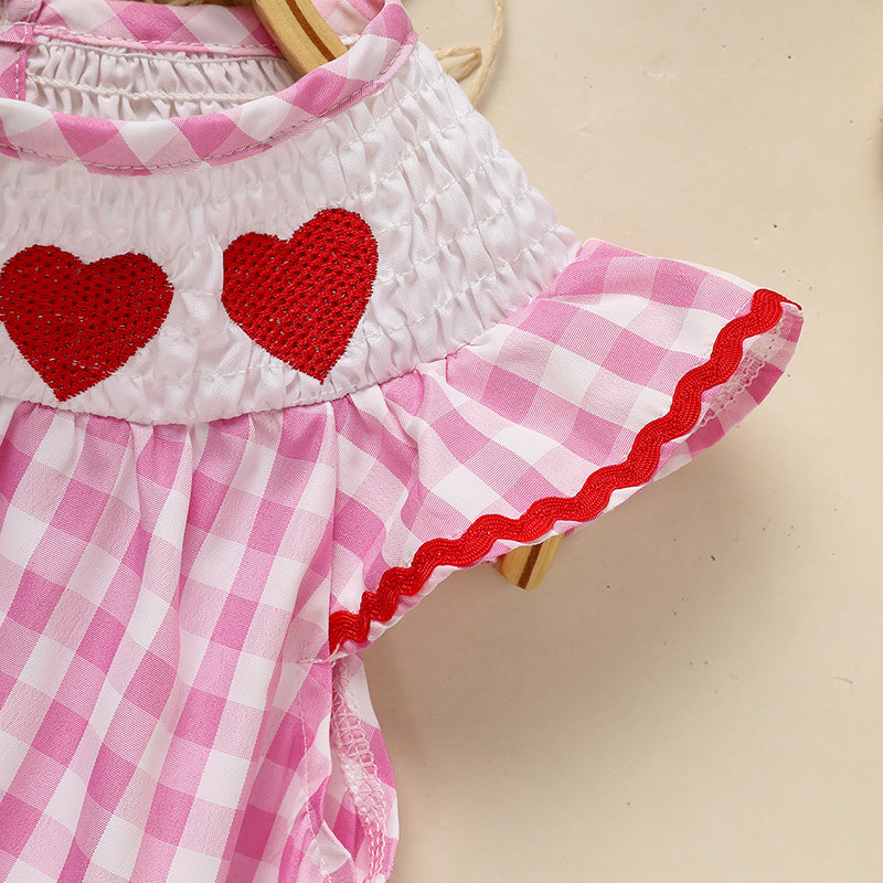 Infant Baby Girls Smocked Ruffle Sleeves Checkered Pink with Heart Embroidery
