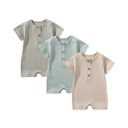 3-Pack Baby Boys One-Piece Romper Set, Long Sleeve Ribbed Button Jumpsuit