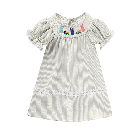 Infant Baby Girl Smocked Dress with Embroidered Bunny Design
