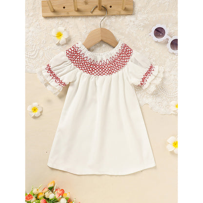 Infant Baby Girl Lacy White Dress with Red Neck Embroidery