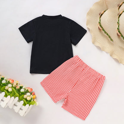 Toddler Baby Boy Back To School Outfit Summer Applique T-Shirt & Red Gingham Shorts Set