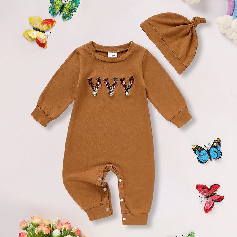 Newborn Baby Boy Long Sleeve Animal Print Romper and Hat with Hat