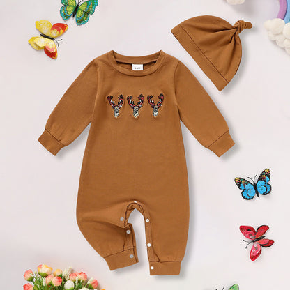 Newborn Baby Boy Long Sleeve Animal Print Romper and Hat with Hat