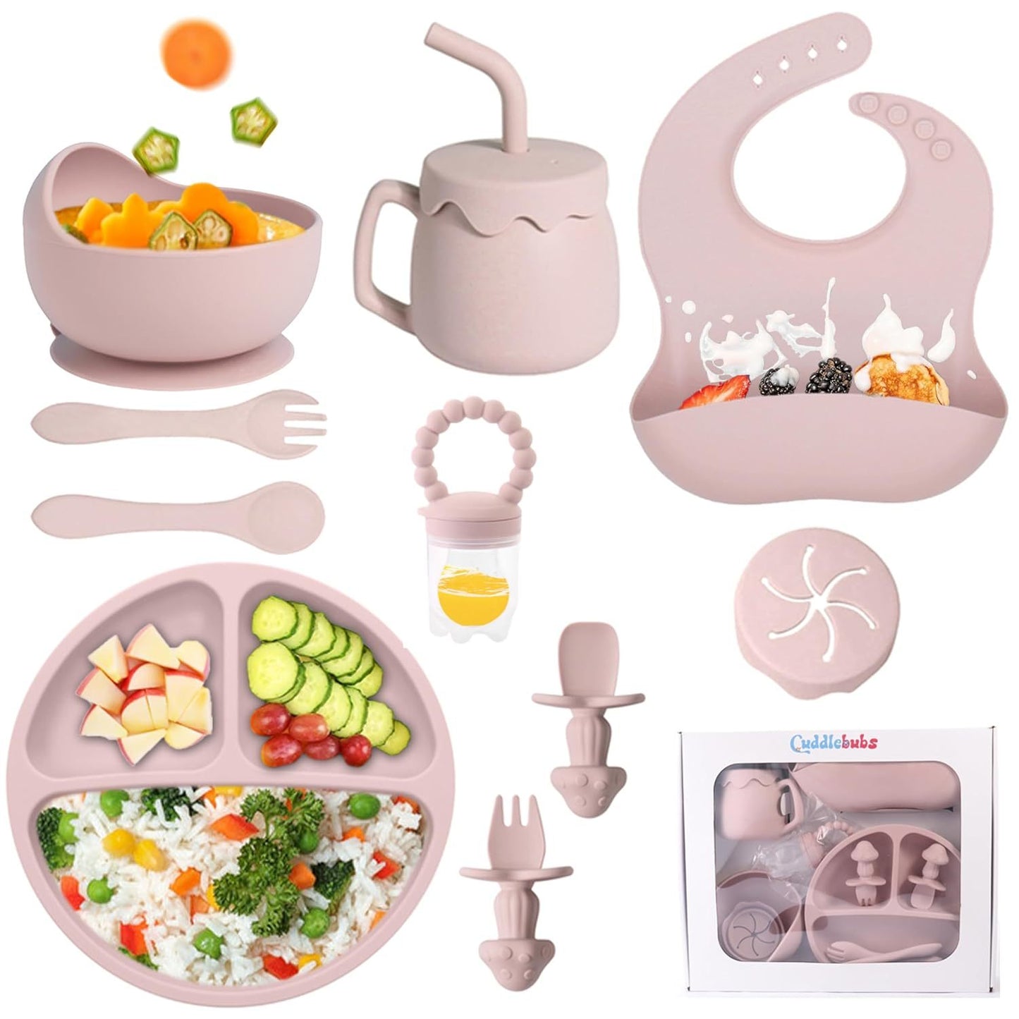 Silicone Baby Feeding Set With Suction, 10 Pcs Baby Led Weaning Supplies With Suction Bowl Divided Plate Adjustable Soft Bib Spoon Fork Snack Cup With Lid And Other Utensils