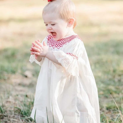 Infant Baby Girl Lacy White Dress with Red Neck Embroidery