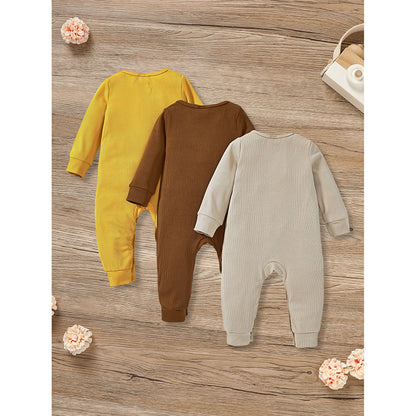 3-Pack Newborns Infants Baby Boys & Girls Long Sleeve Ribbed Romper Soft Button Front Jumpsuit