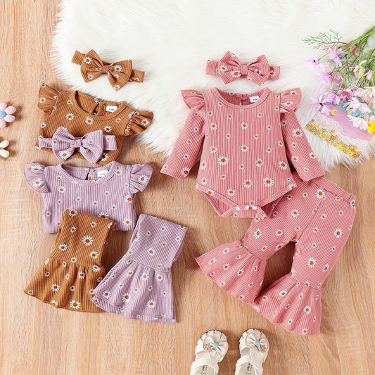 Baby Girl Printed Top with Bell Bottom Pants and Headband Set
