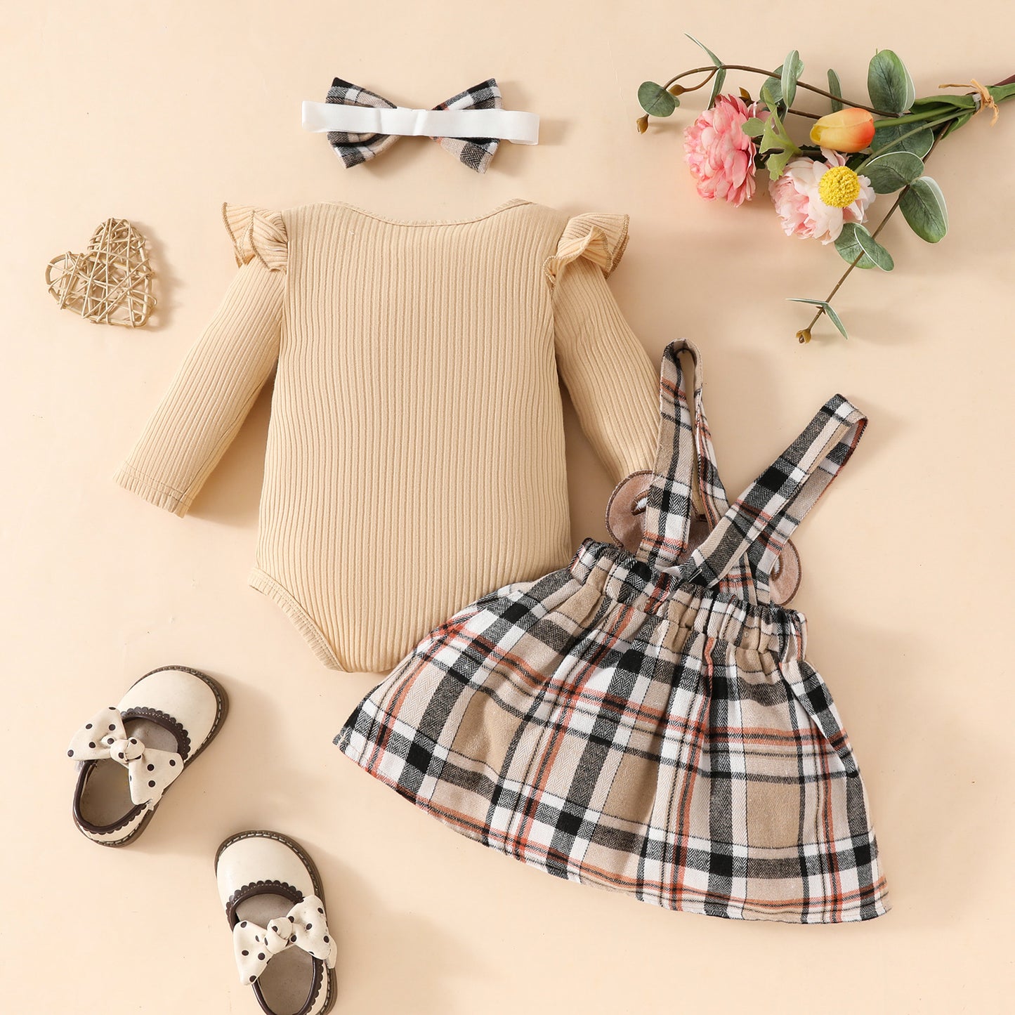Girls Minimalist Long Sleeve Triangle Rompers with Bow Plaid Bear Dress and Headband Set