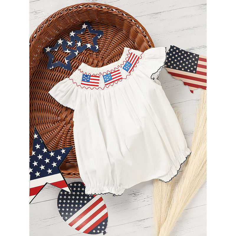 Baby Girl Bubble Romper White with American Flag Embroidery