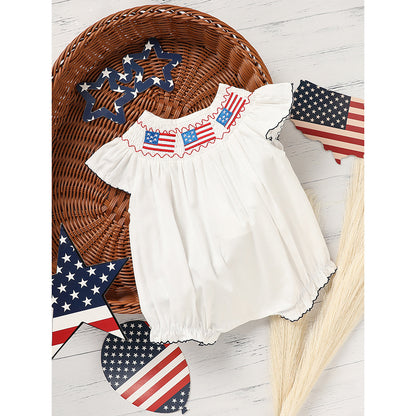 Baby Girl Bubble Romper White with American Flag Embroidery