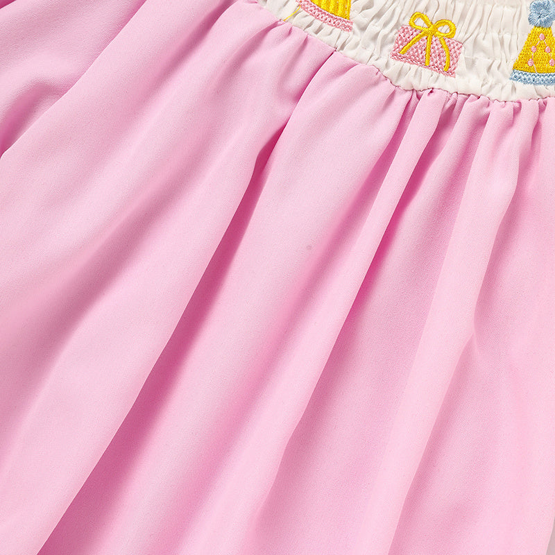 Birthday Girl Smocked Romper in Pink with Pleats and Stitches
