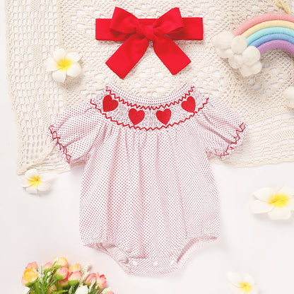Smocked Romper for Newborn Baby Girls with Heart Embroidery