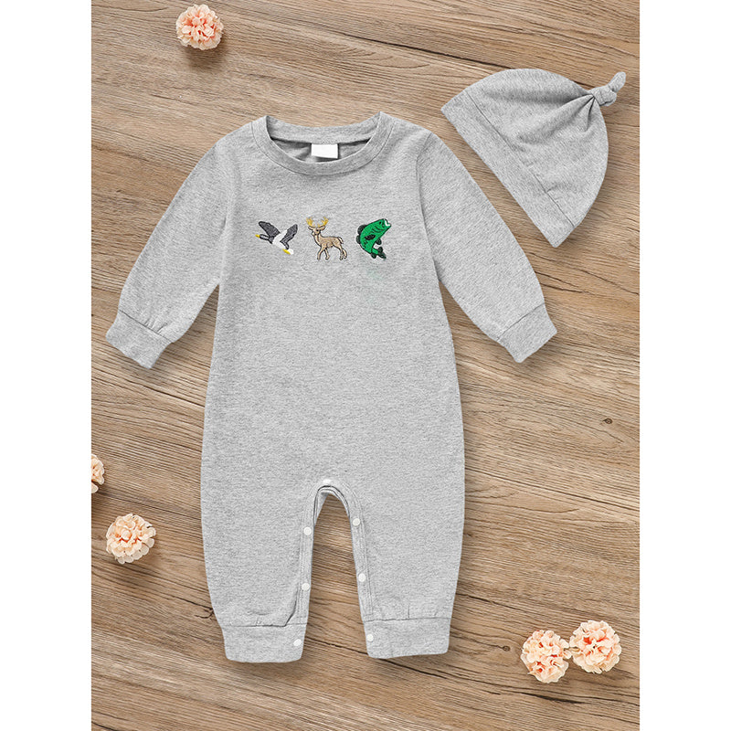 Newborn Baby Boy Long Sleeve Animal Print Romper and Hat with Hat