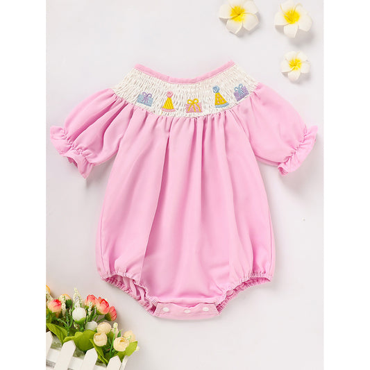 Infant Girls' Cute Birthday Smocked Bubble Romper Short Sleeves Crew Neck Cartoon Embroidery Princess Party Romper Bodysuit