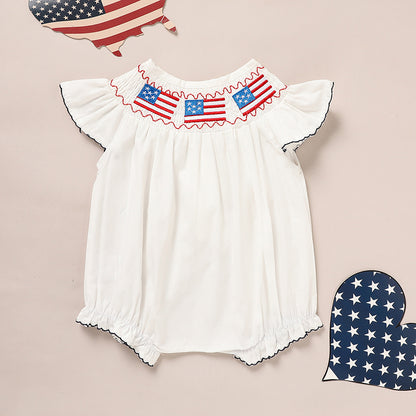 Baby Girl Bubble Romper White with American Flag Embroidery