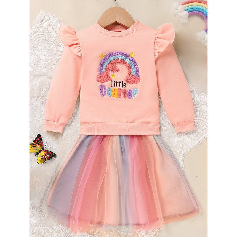 Baby Girls Rainbow Skirt Set Letters Embroidery Long Sleeve Sweatshirt Tops & Rainbow Tutu Skirt Outfits