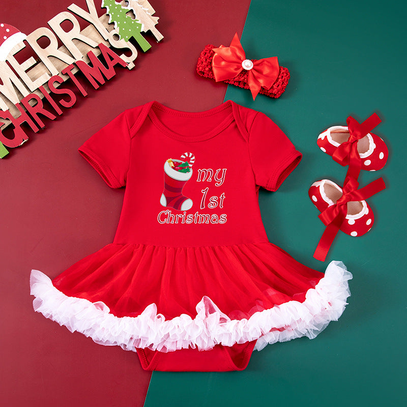 Toddler Christmas Red Dress with shoes and Hairband Set