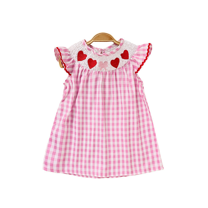 Infant Baby Girls Smocked Ruffle Sleeves Checkered Pink with Heart Embroidery