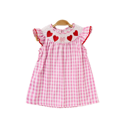 Infant Baby Girls Smocked Ruffle Sleeves Checkered Pink with Heart Embroidery