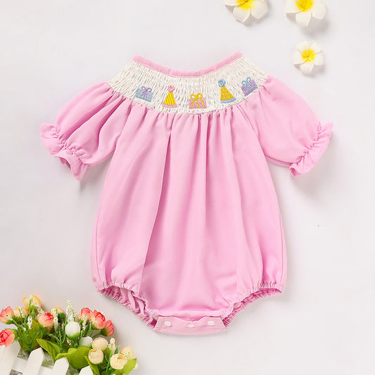 Infant Girls' Cute Birthday Smocked Bubble Romper Short Sleeves Crew Neck Cartoon Embroidery Princess Party Romper Bodysuit