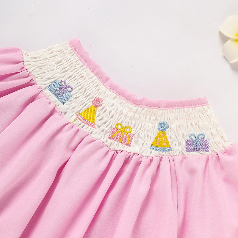 Birthday Girl Smocked Romper in Pink with Pleats and Stitches