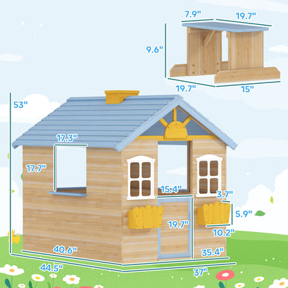 Wooden Outdoor Kid Playhouse with Garden and Bench Service Station
