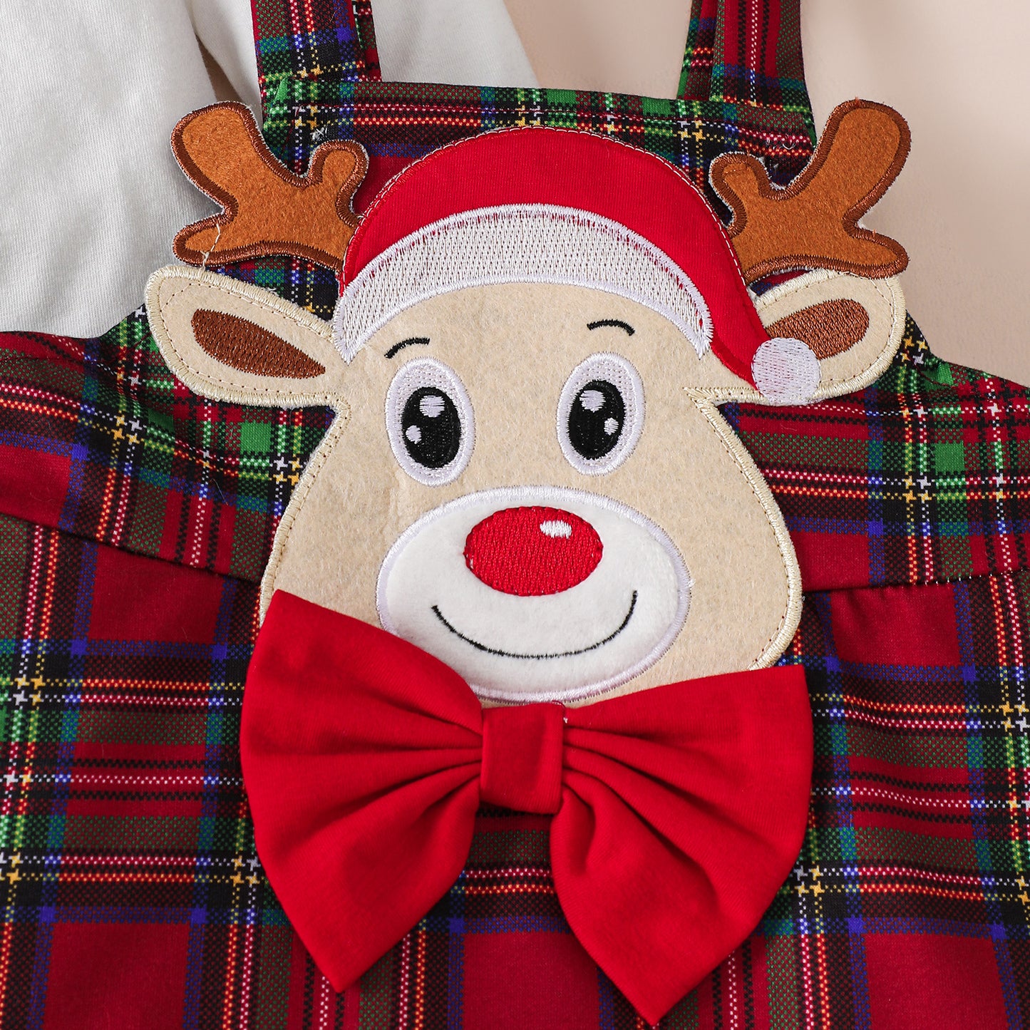 Baby Girl White Long-sleeve Blouse with Reindeer Overall Dress Set