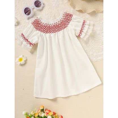 Infant Baby Girl Lacy White Dress with Red Neck Embroidery