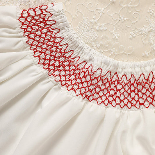 Infant Baby Girl Valentines Day Dress Lace Short Sleeve Round Neck White With Red Embroidery Party Dress