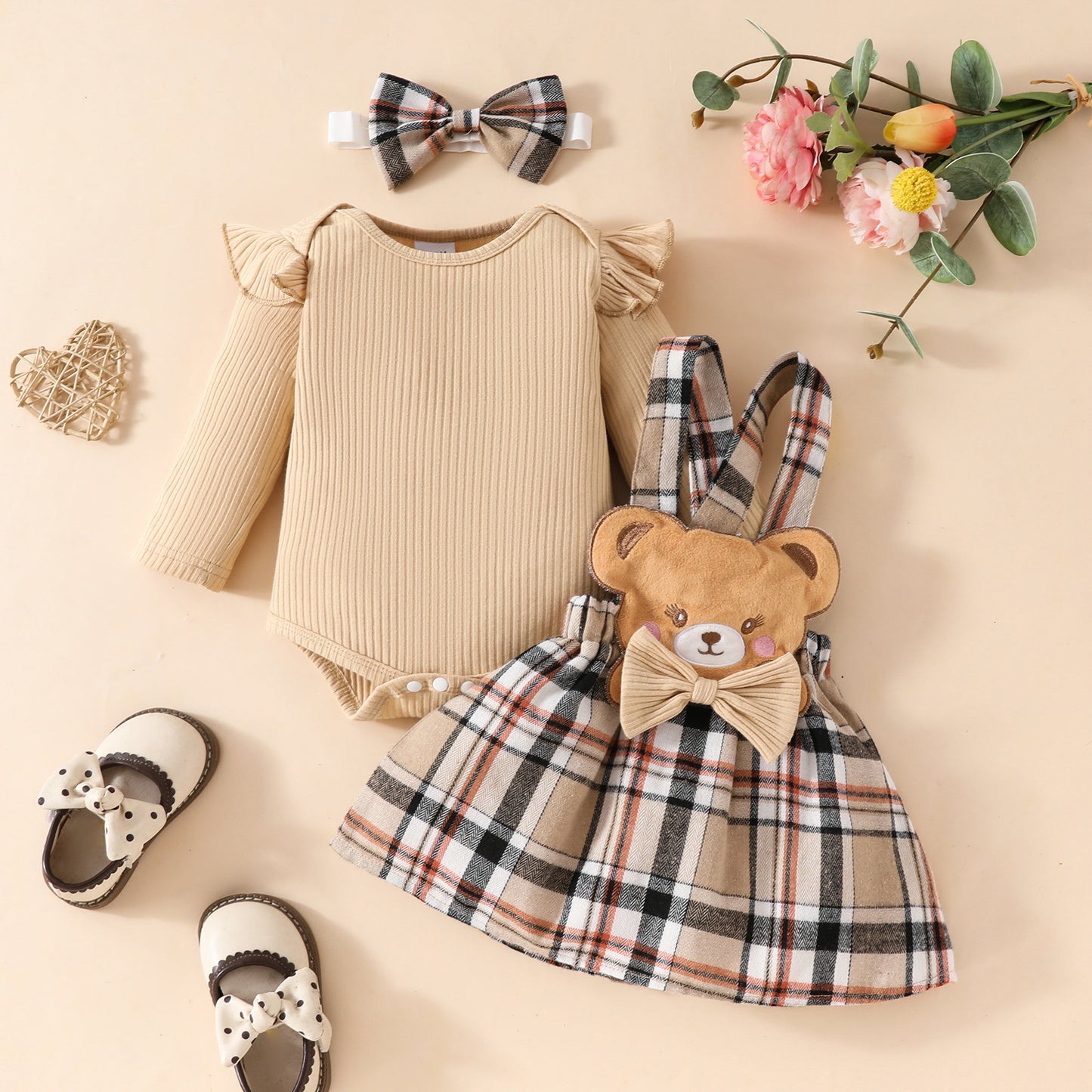 Girls Minimalist Long Sleeve Triangle Rompers with Bow Plaid Bear Dress and Headband Set