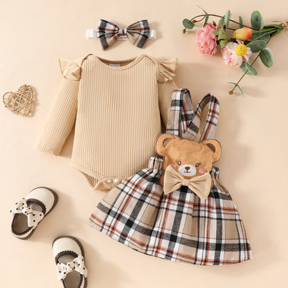 Girls Minimalist Long Sleeve Triangle Rompers with Bow Plaid Bear Dress and Headband Set