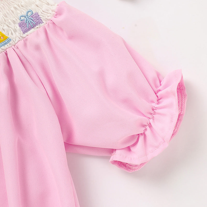 Birthday Girl Smocked Romper in Pink with Pleats and Stitches