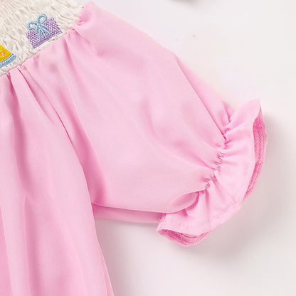 Birthday Girl Smocked Romper in Pink with Pleats and Stitches