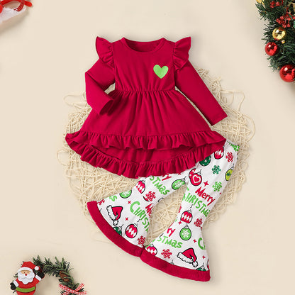 Toddler Ruffle Christmas Dress with Flared Pants and Headband Set