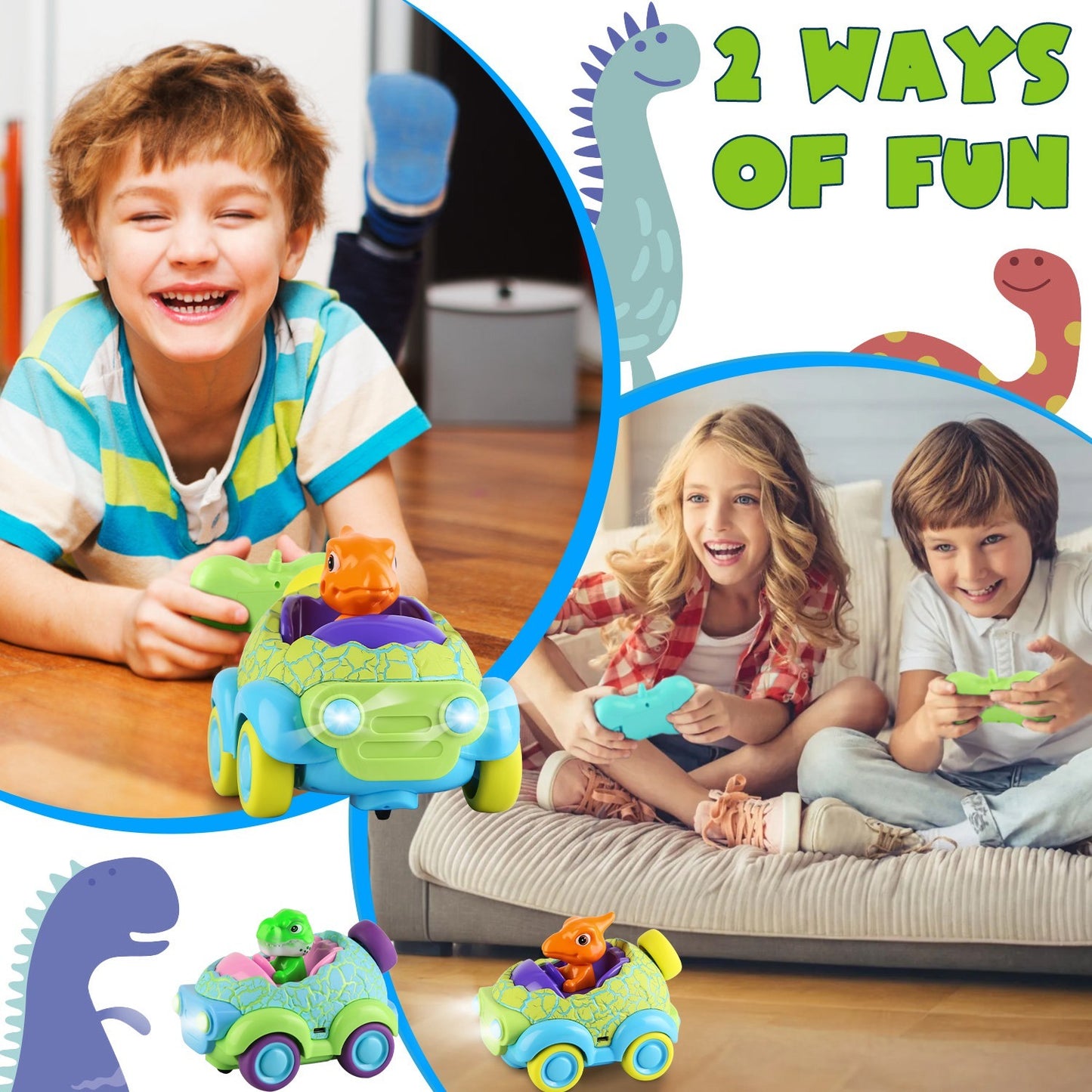 2Pack Dinosaur Remote Control Cars For Toddlers Rechargeable RC Cars With Light Music Birthday Gift For Boys Girls Aged 3 4 5 6 Years Old Christmas New Year Gift