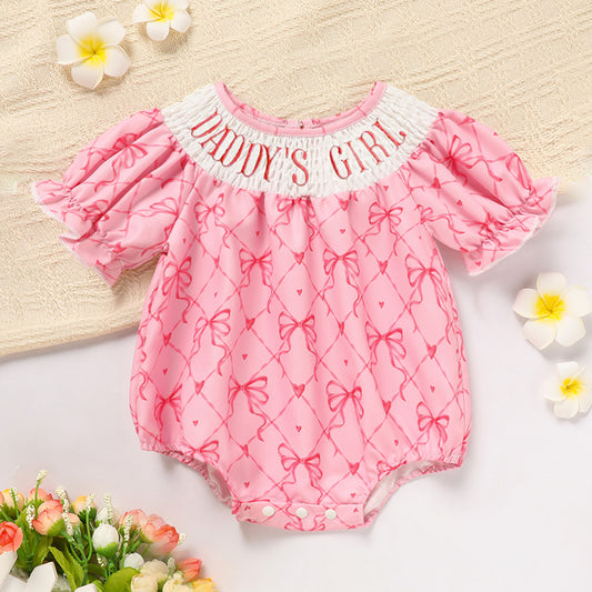 Baby Girl's Bowknot Graphic Print Romper, Daddy's Girl Letter Print Triangle Jumpsuit With Bubble Sleeves