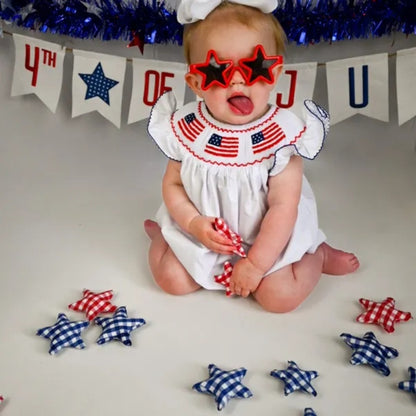 Baby Girl Bubble Romper White with American Flag Embroidery