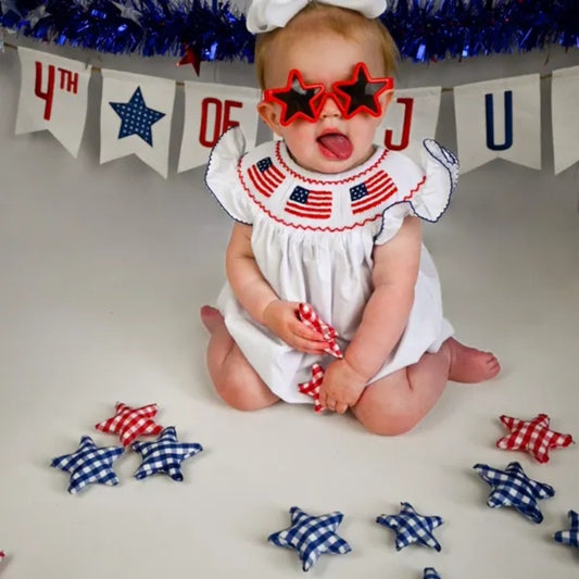 Baby Girl 4th Of July Bubble Romper, Smocked Fly Sleeve Bodysuit With American Flag Embroidery